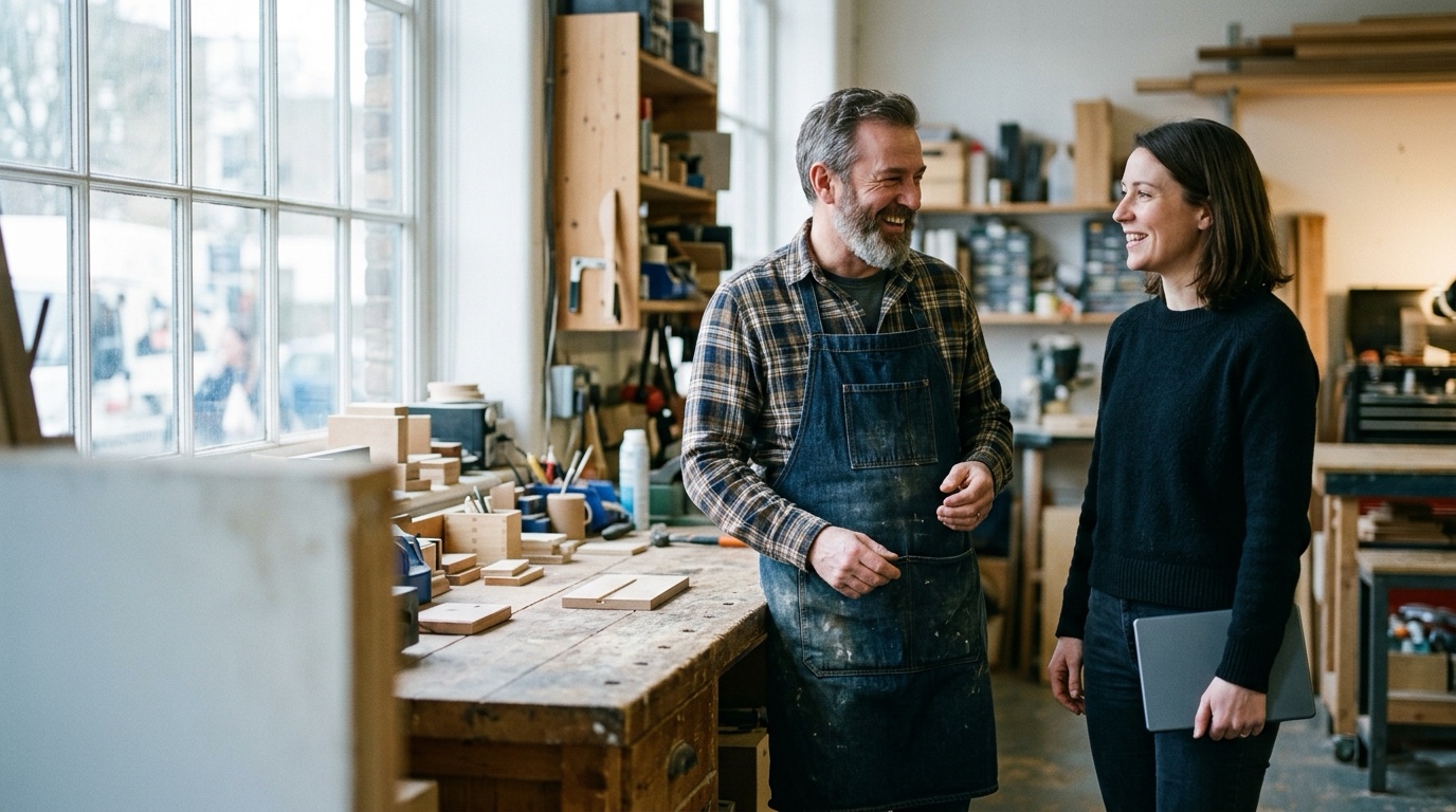 A technology advisor talking with a workshop owner in their own premises